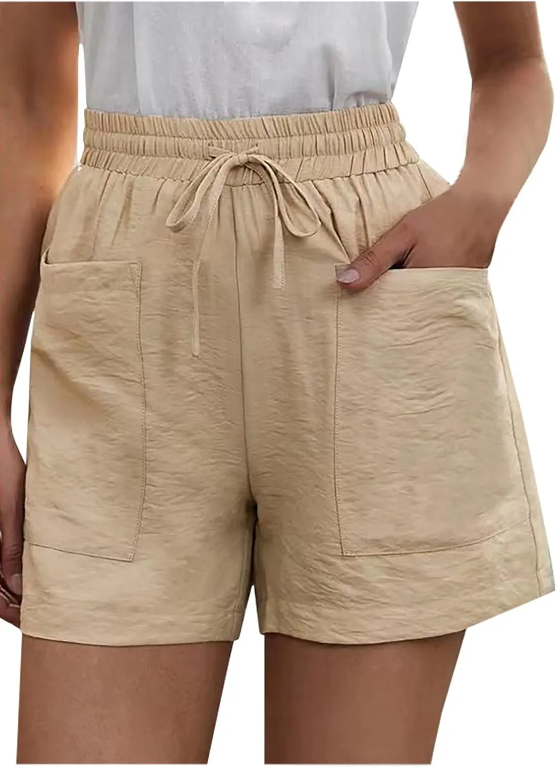 Elastic Waist Casual Comfy Summer Shorts Women's High Waisted Drawstring Shorts Solid Beach Shorts Gym Sweat Shorts