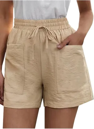 Elastic Waist Casual Comfy Summer Shorts Women's High Waisted Drawstring Shorts Solid Beach Shorts Gym Sweat Shorts