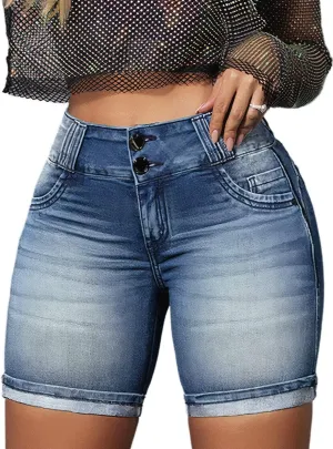 Flamingals Jean Shorts High Waist Bermuda Shorts for Women Butt Lifting Shorts Tummy Control Denim Shorts