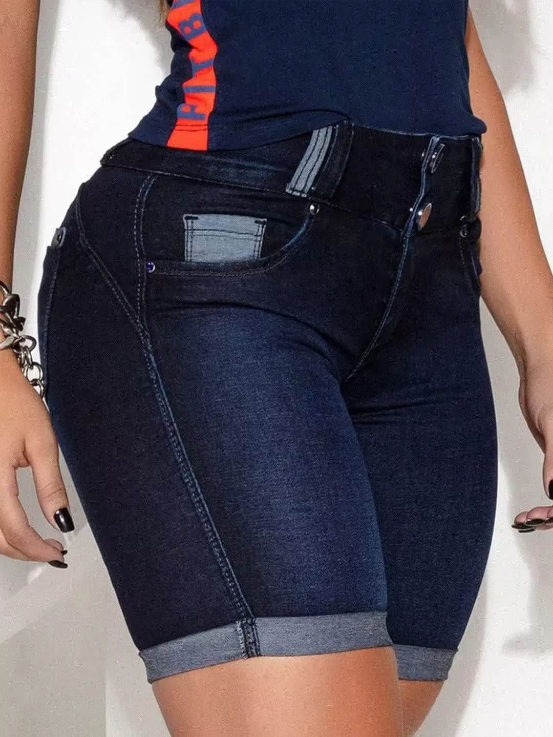 Flamingals Jean Shorts High Waist Bermuda Shorts for Women Butt Lifting Shorts Tummy Control Denim Shorts