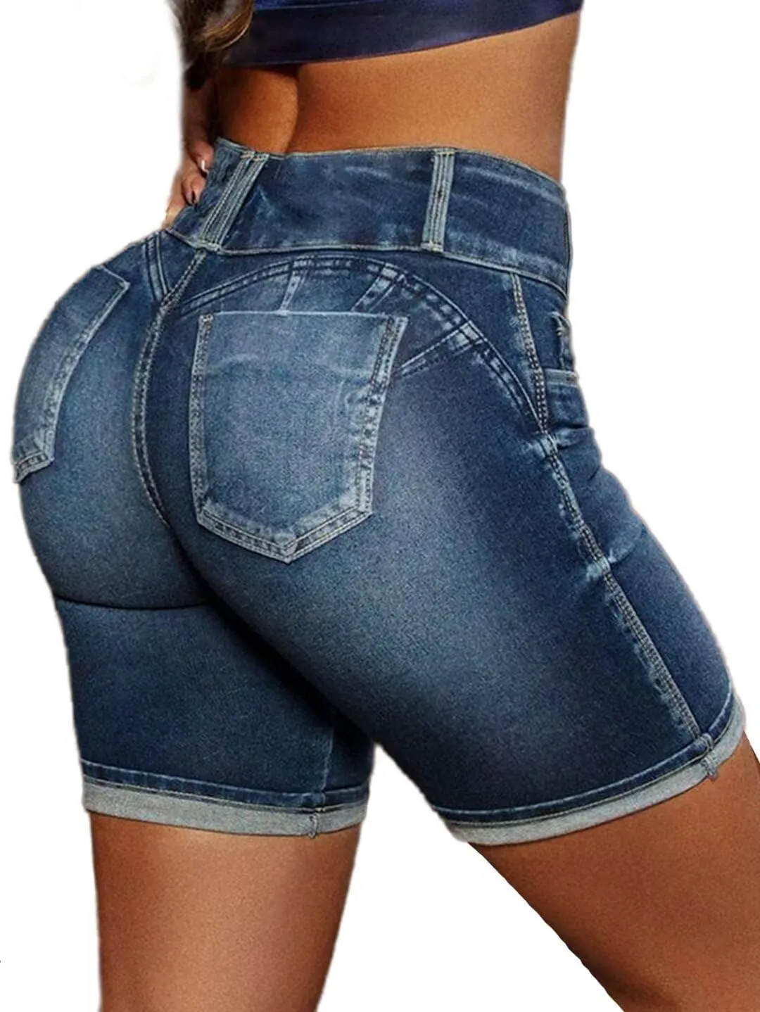 Flamingals Jean Shorts High Waist Bermuda Shorts for Women Butt Lifting Shorts Tummy Control Denim Shorts