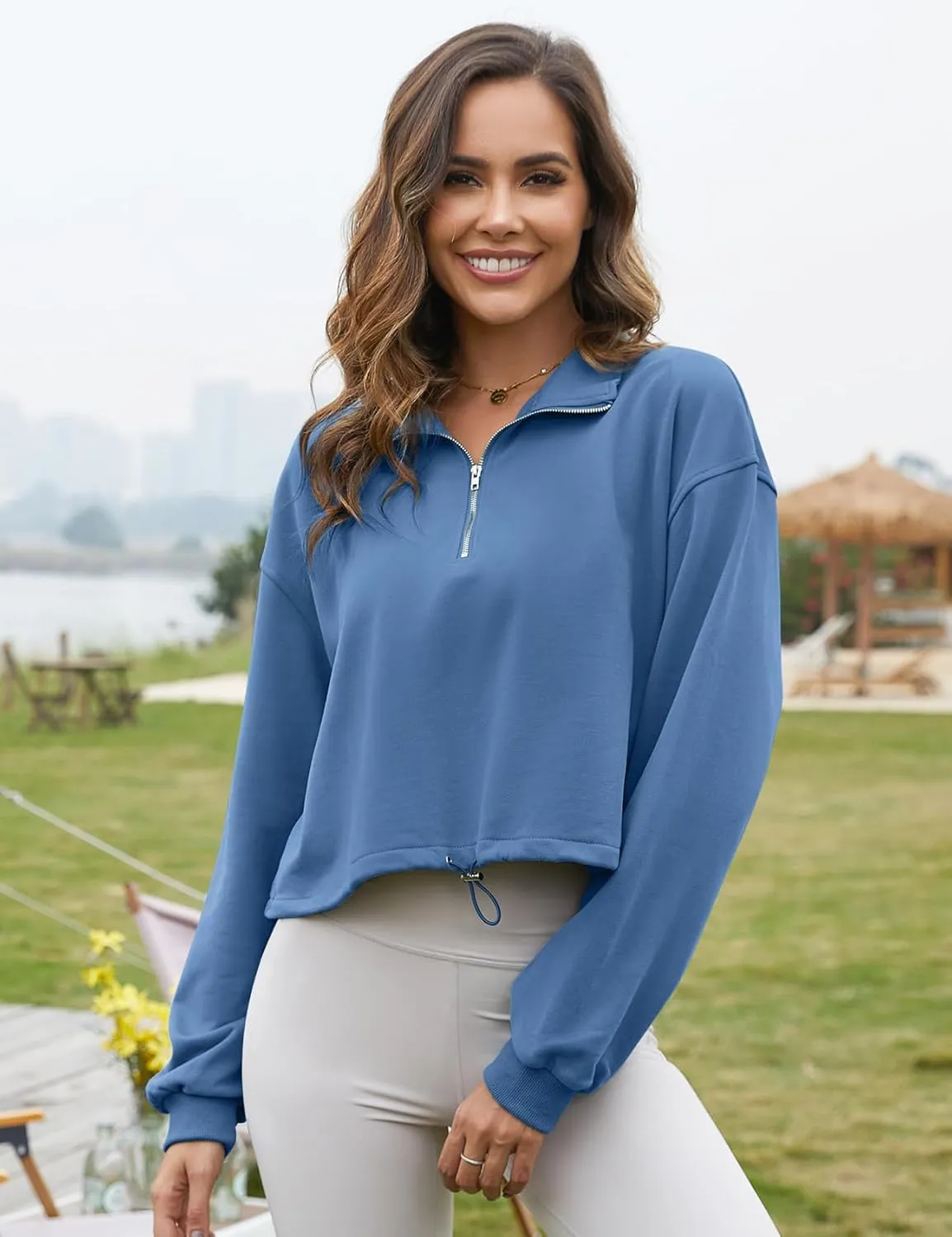 Flygo Womens Half Zip Sweatshirts Stand Collar Activewear Running Workout Pullover Tops