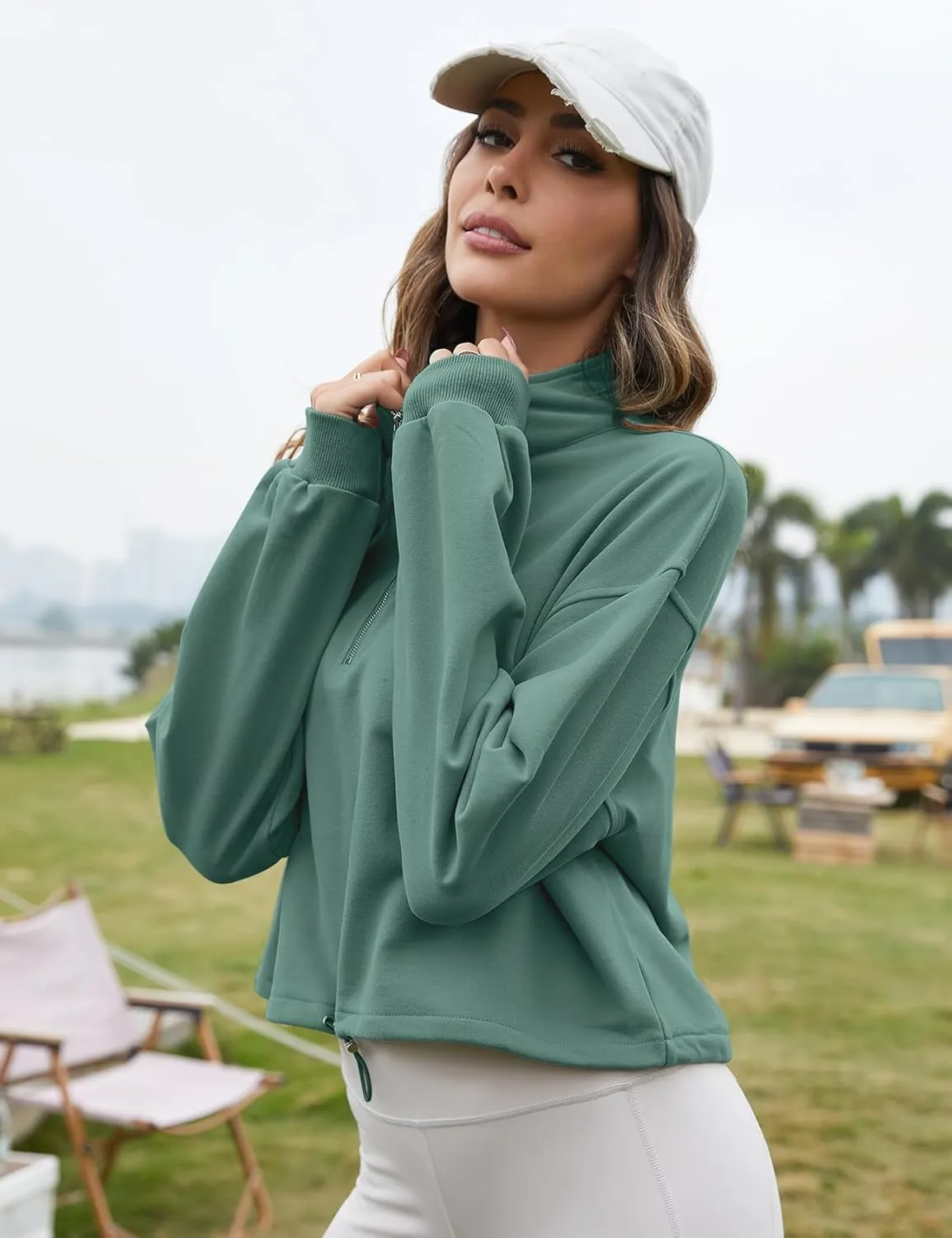 Flygo Womens Half Zip Sweatshirts Stand Collar Activewear Running Workout Pullover Tops