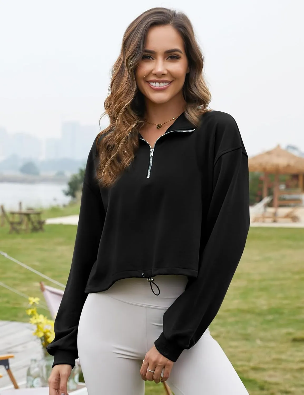 Flygo Womens Half Zip Sweatshirts Stand Collar Activewear Running Workout Pullover Tops