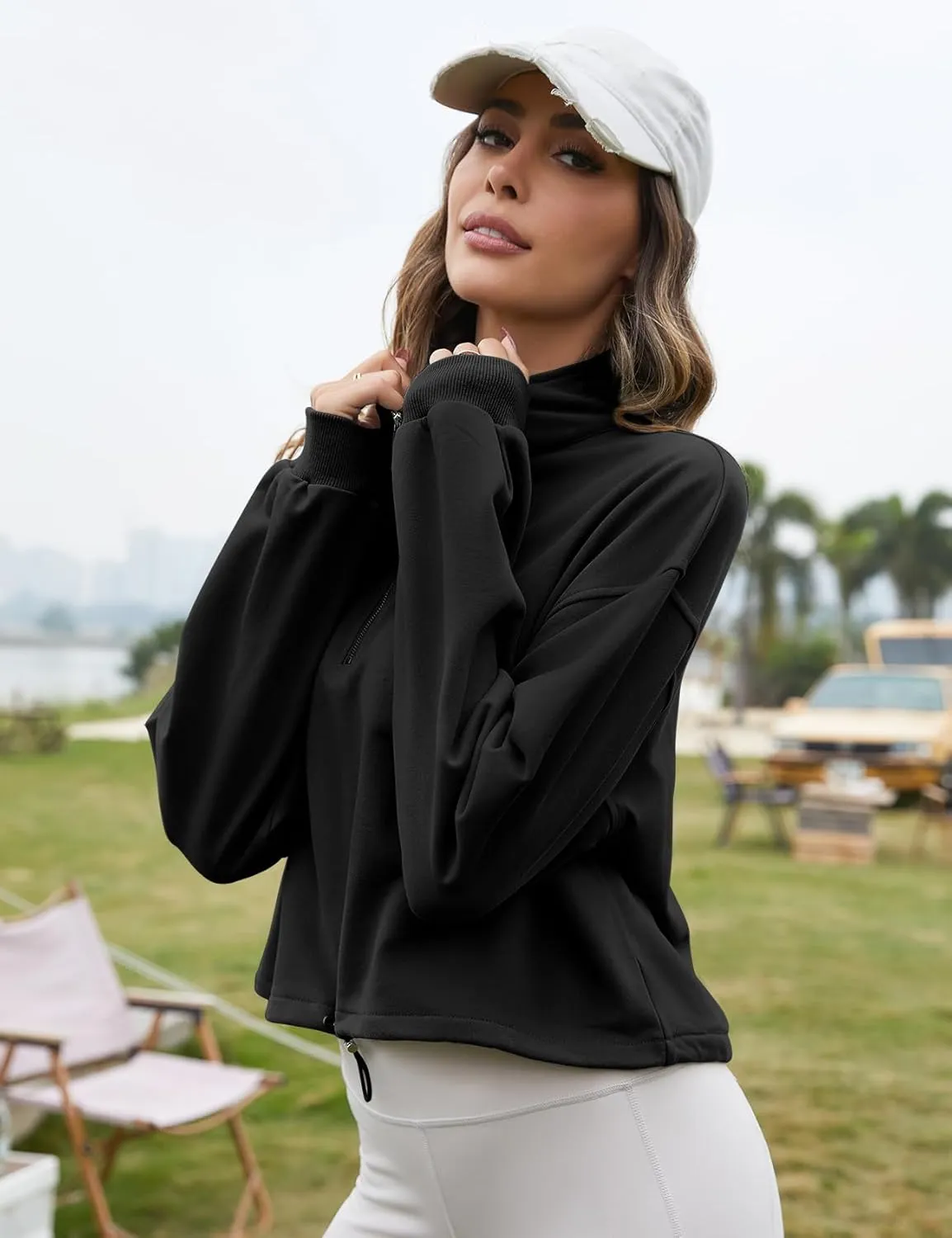 Flygo Womens Half Zip Sweatshirts Stand Collar Activewear Running Workout Pullover Tops