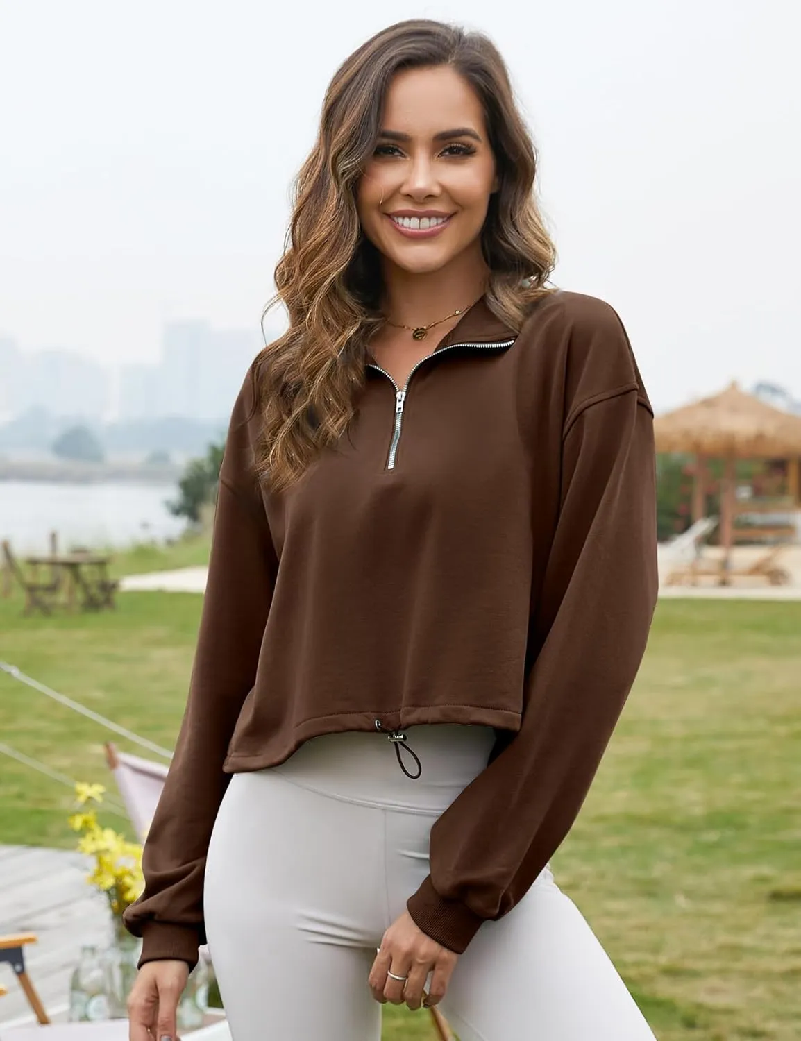 Flygo Womens Half Zip Sweatshirts Stand Collar Activewear Running Workout Pullover Tops