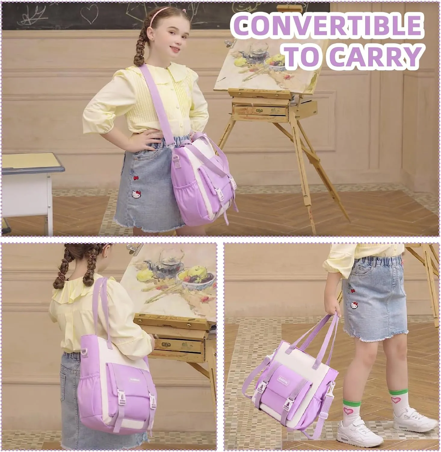 Girls Backpack, 3pcs Sets Kids Backpack for Girls with Anti-theft Back Pocket, Lightweight School Backpacks Water Resistant Tote Bag with Pencil Case for Elementary Primary School, Purple