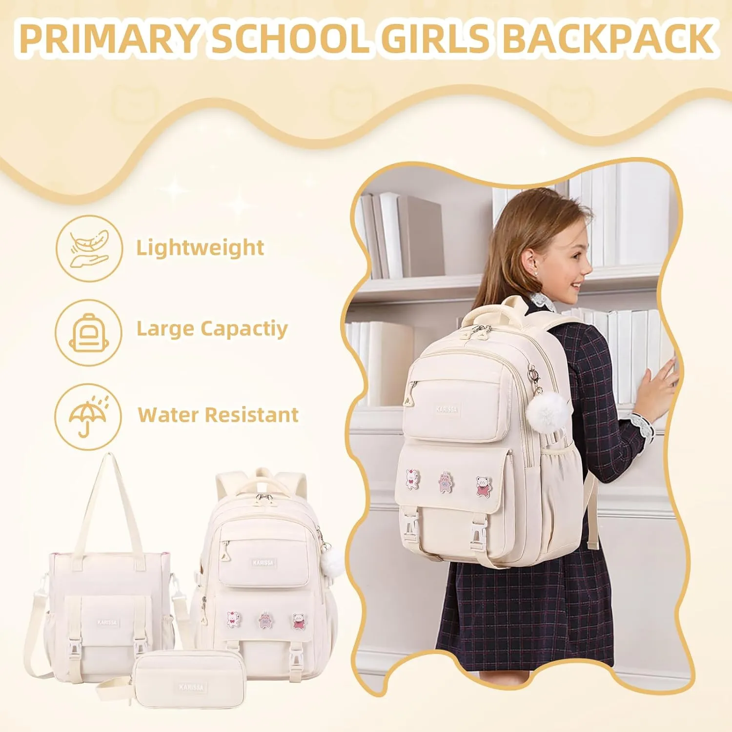 Girls Backpack, 3pcs Sets Kids Backpack for Girls with Anti-theft Back Pocket, Lightweight School Bookpack Water Resistant Tote Bag with Pencil case for Elementary Primary School, Beige
