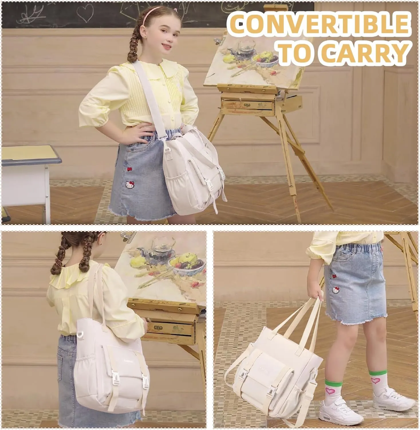 Girls Backpack, 3pcs Sets Kids Backpack for Girls with Anti-theft Back Pocket, Lightweight School Bookpack Water Resistant Tote Bag with Pencil case for Elementary Primary School, Beige