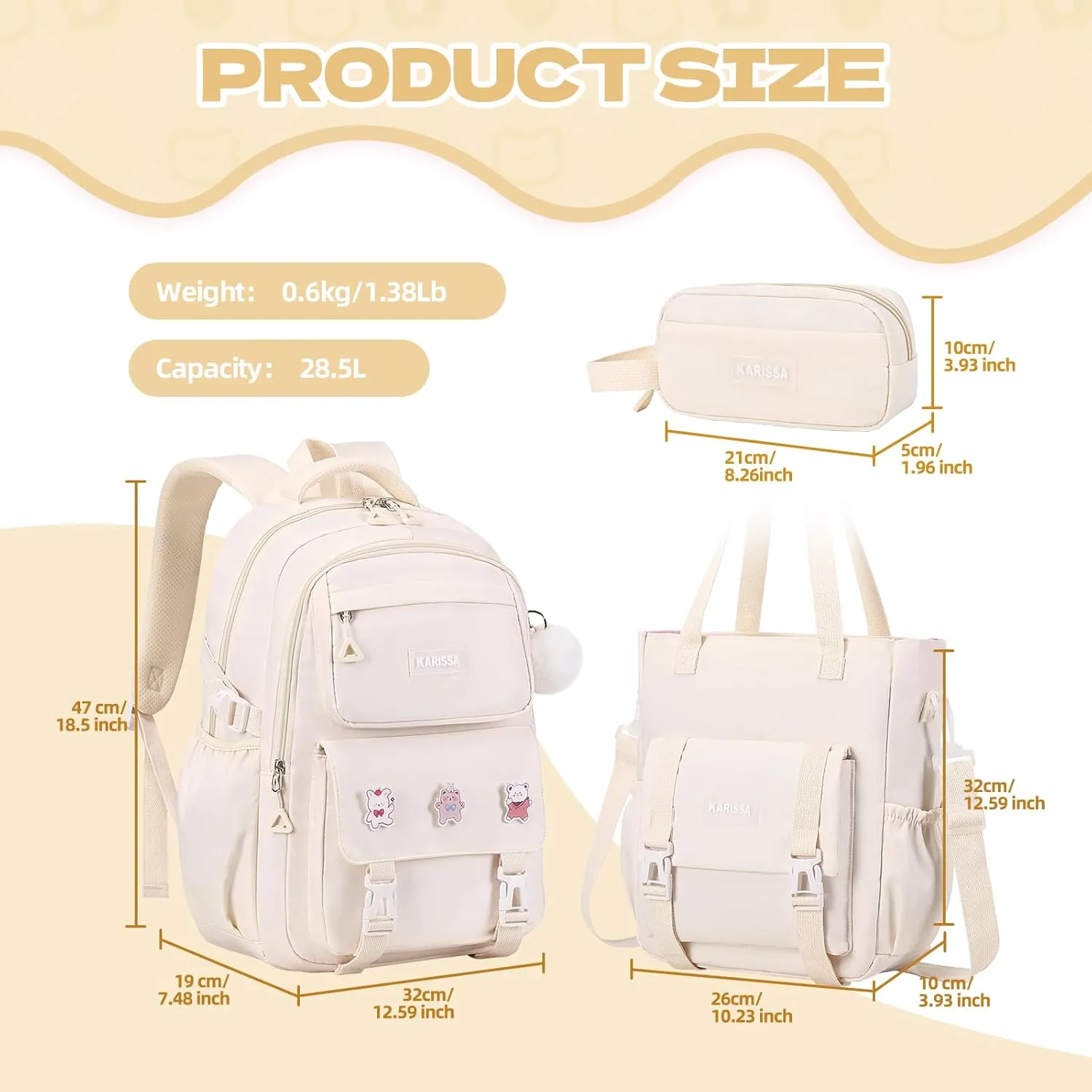 Girls Backpack, 3pcs Sets Kids Backpack for Girls with Anti-theft Back Pocket, Lightweight School Bookpack Water Resistant Tote Bag with Pencil case for Elementary Primary School, Beige