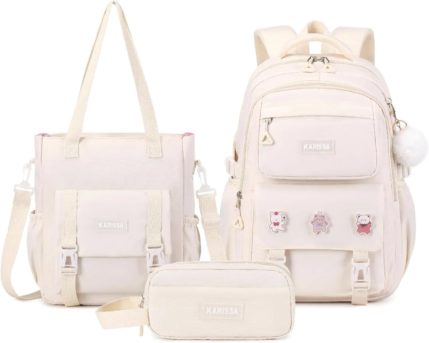 Girls Backpack, 3pcs Sets Kids Backpack for Girls with Anti-theft Back Pocket, Lightweight School Bookpack Water Resistant Tote Bag with Pencil case for Elementary Primary School, Beige