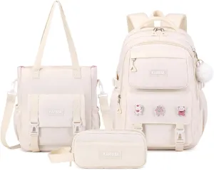 Girls Backpack, 3pcs Sets Kids Backpack for Girls with Anti-theft Back Pocket, Lightweight School Bookpack Water Resistant Tote Bag with Pencil case for Elementary Primary School, Beige