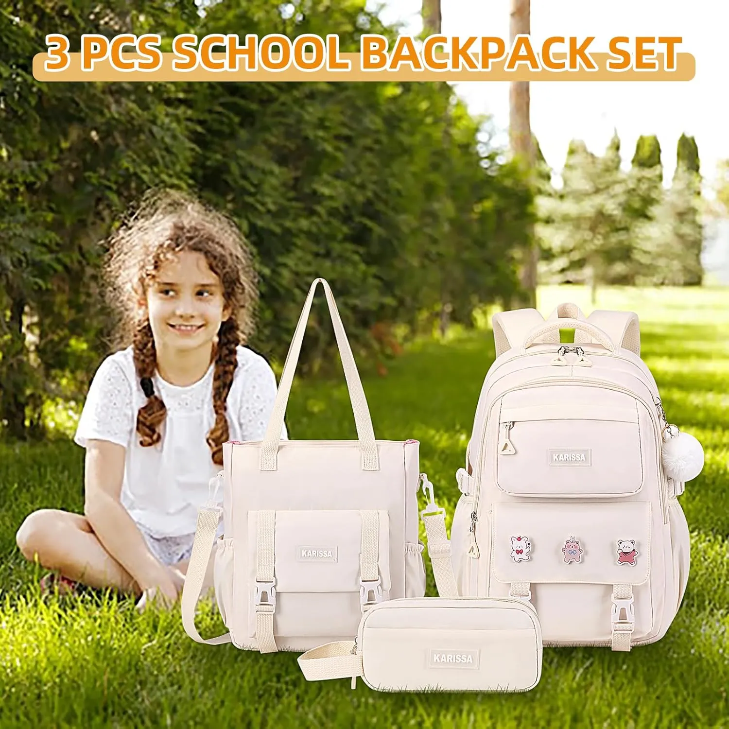 Girls Backpack, 3pcs Sets Kids Backpack for Girls with Anti-theft Back Pocket, Lightweight School Bookpack Water Resistant Tote Bag with Pencil case for Elementary Primary School, Beige