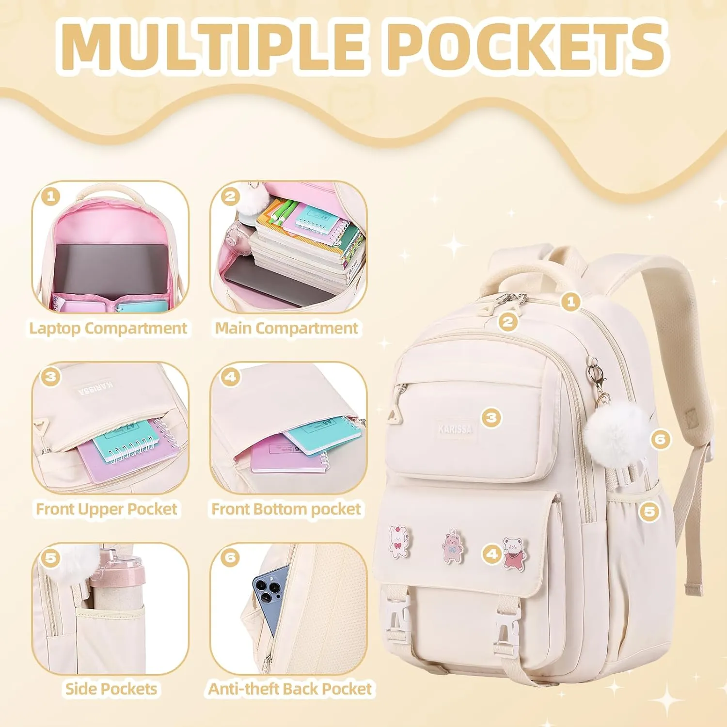 Girls Backpack, 3pcs Sets Kids Backpack for Girls with Anti-theft Back Pocket, Lightweight School Bookpack Water Resistant Tote Bag with Pencil case for Elementary Primary School, Beige