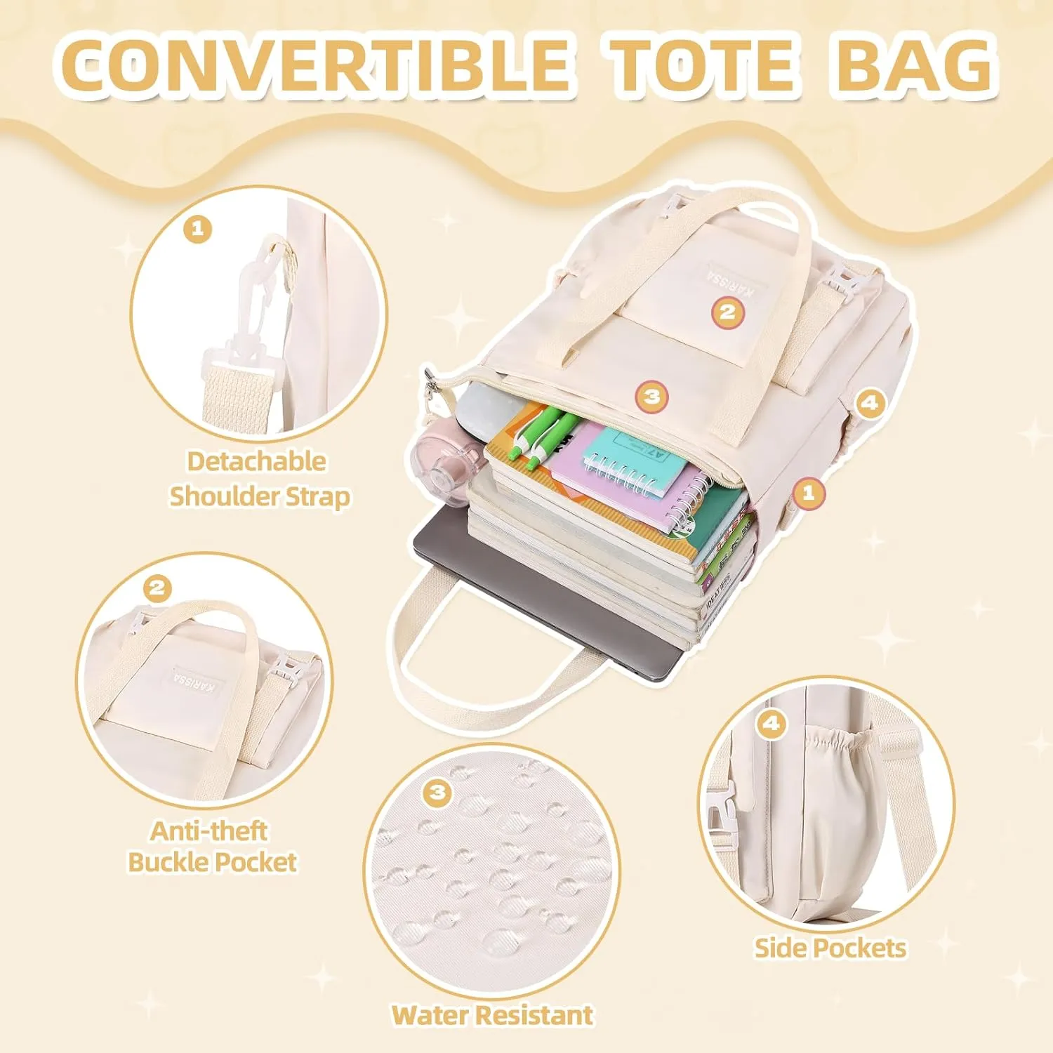 Girls Backpack, 3pcs Sets Kids Backpack for Girls with Anti-theft Back Pocket, Lightweight School Bookpack Water Resistant Tote Bag with Pencil case for Elementary Primary School, Beige