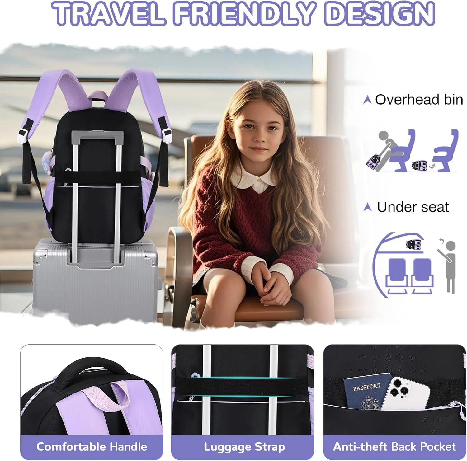 Girls Backpack, Kawaii Kids School Backpack Functional Pockets Watrer Resistant Girls Bookbag for Primary Elementary School,Age 6-14 Years Old, Black and Purple