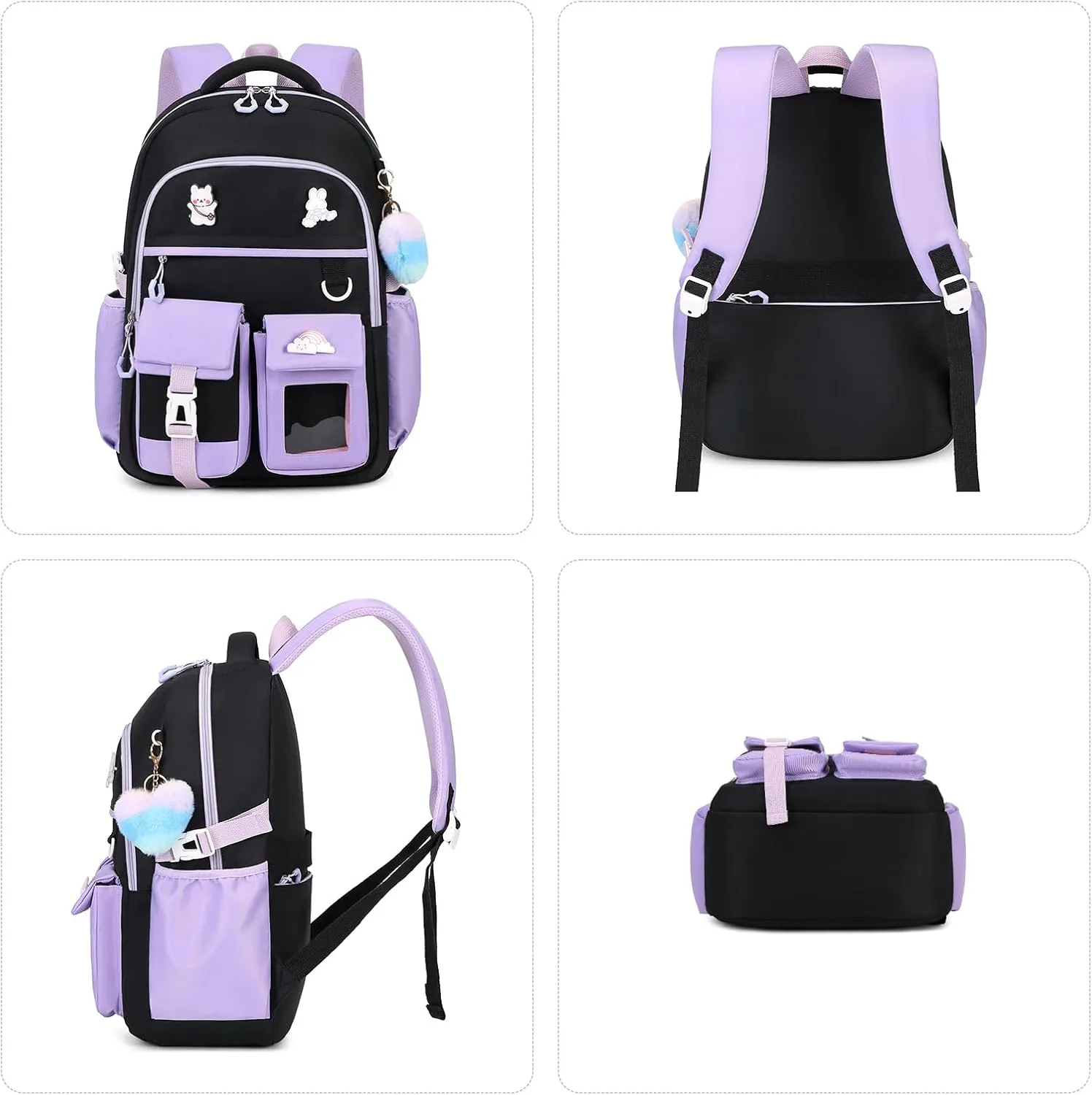Girls Backpack, Kawaii Kids School Backpack Functional Pockets Watrer Resistant Girls Bookbag for Primary Elementary School,Age 6-14 Years Old, Black and Purple