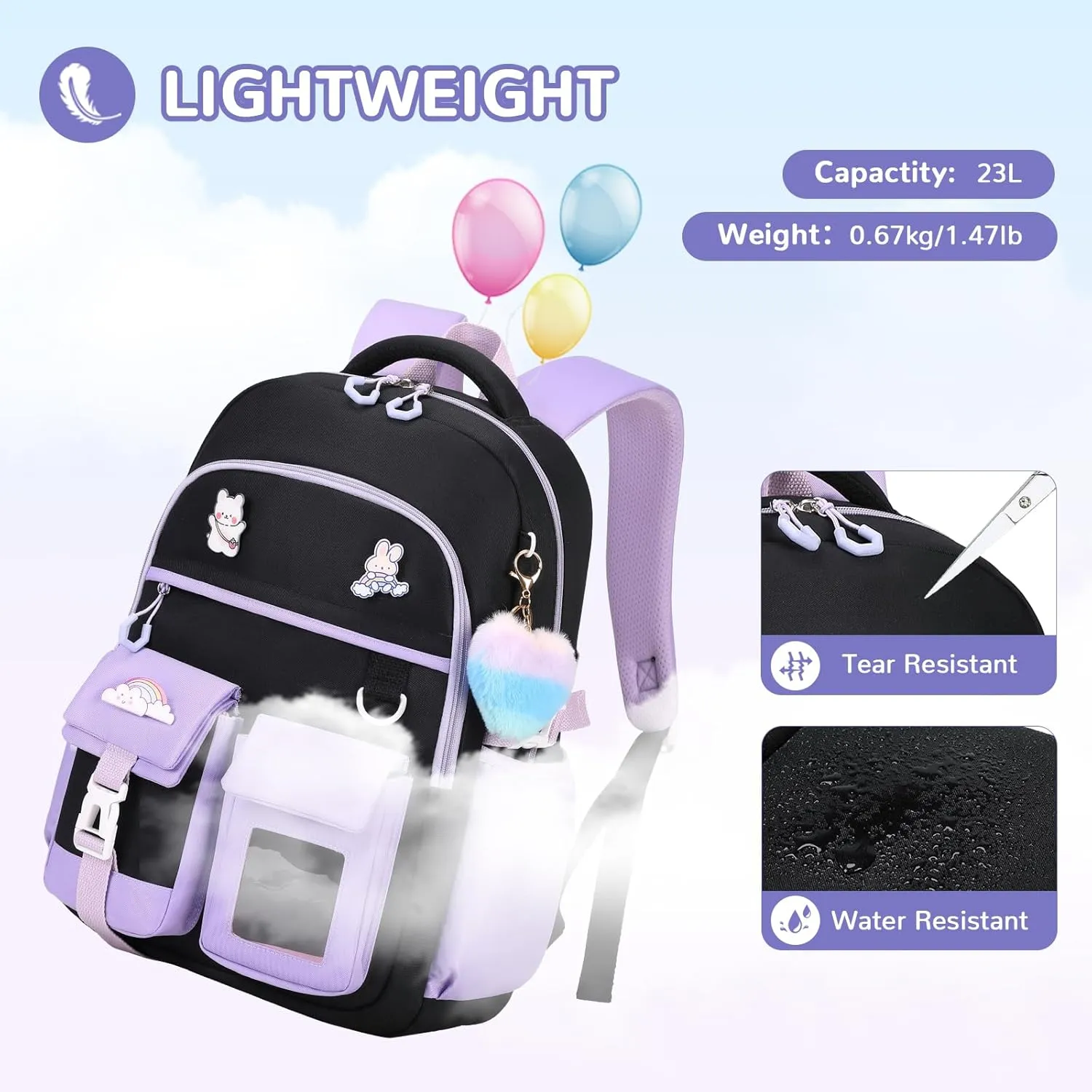 Girls Backpack, Kawaii Kids School Backpack Functional Pockets Watrer Resistant Girls Bookbag for Primary Elementary School,Age 6-14 Years Old, Black and Purple