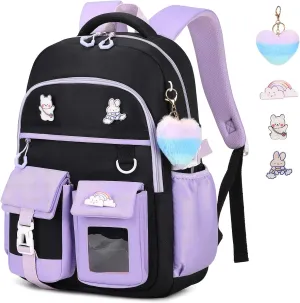 Girls Backpack, Kawaii Kids School Backpack Functional Pockets Watrer Resistant Girls Bookbag for Primary Elementary School,Age 6-14 Years Old, Black and Purple