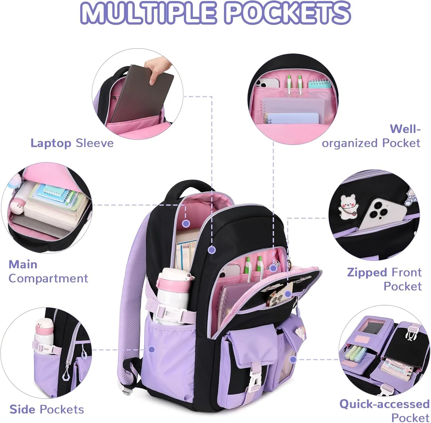 Girls Backpack, Kawaii Kids School Backpack Functional Pockets Watrer Resistant Girls Bookbag for Primary Elementary School,Age 6-14 Years Old, Black and Purple