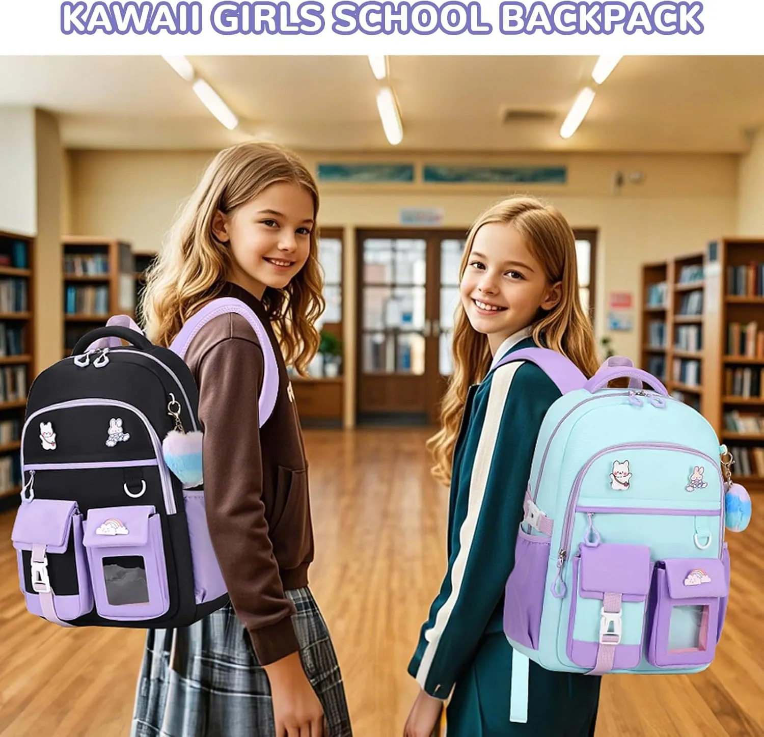 Girls Backpack, Kawaii Kids School Backpack Functional Pockets Watrer Resistant Girls Bookbag for Primary Elementary School,Age 6-14 Years Old, Black and Purple