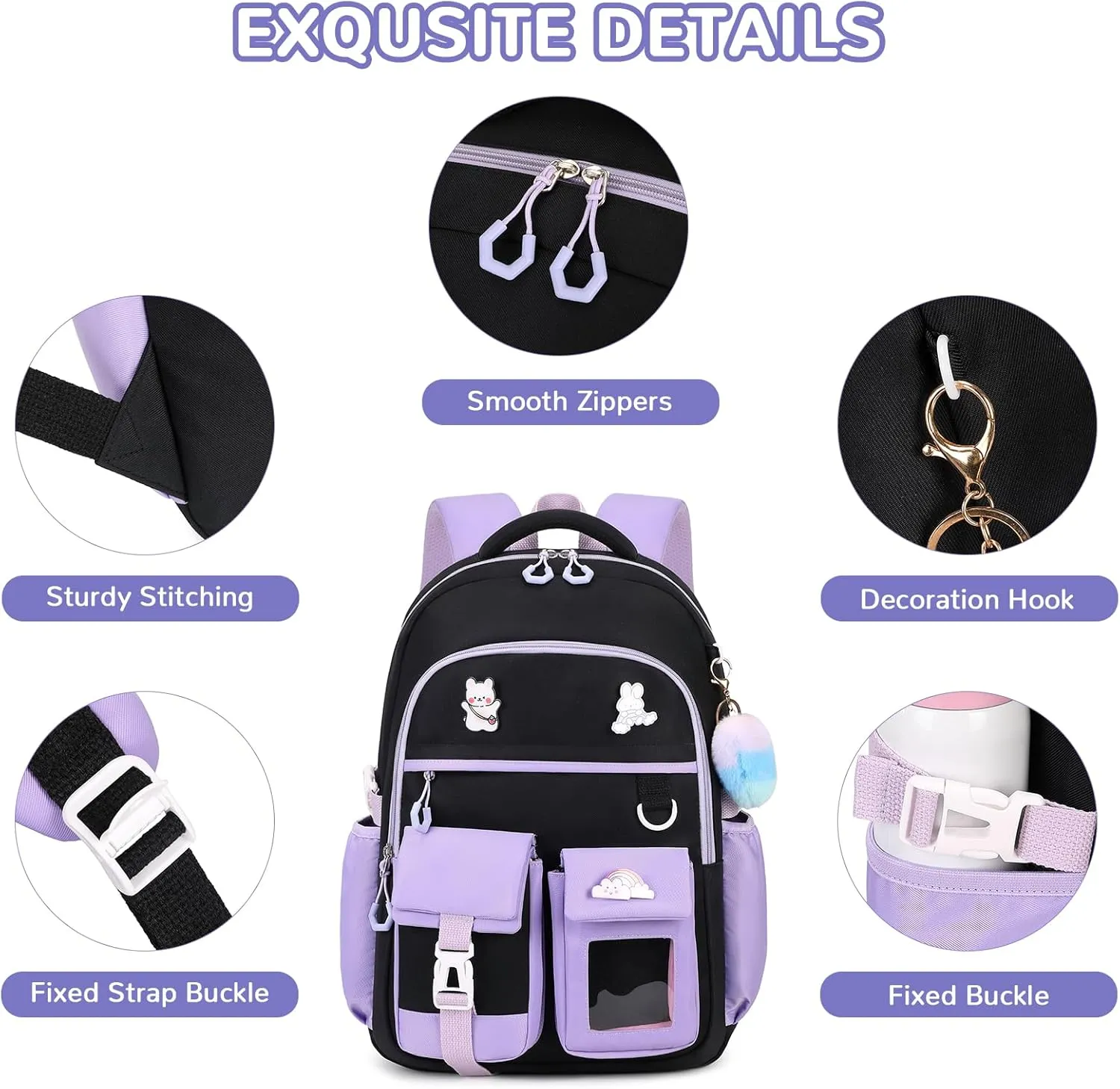 Girls Backpack, Kawaii Kids School Backpack Functional Pockets Watrer Resistant Girls Bookbag for Primary Elementary School,Age 6-14 Years Old, Black and Purple