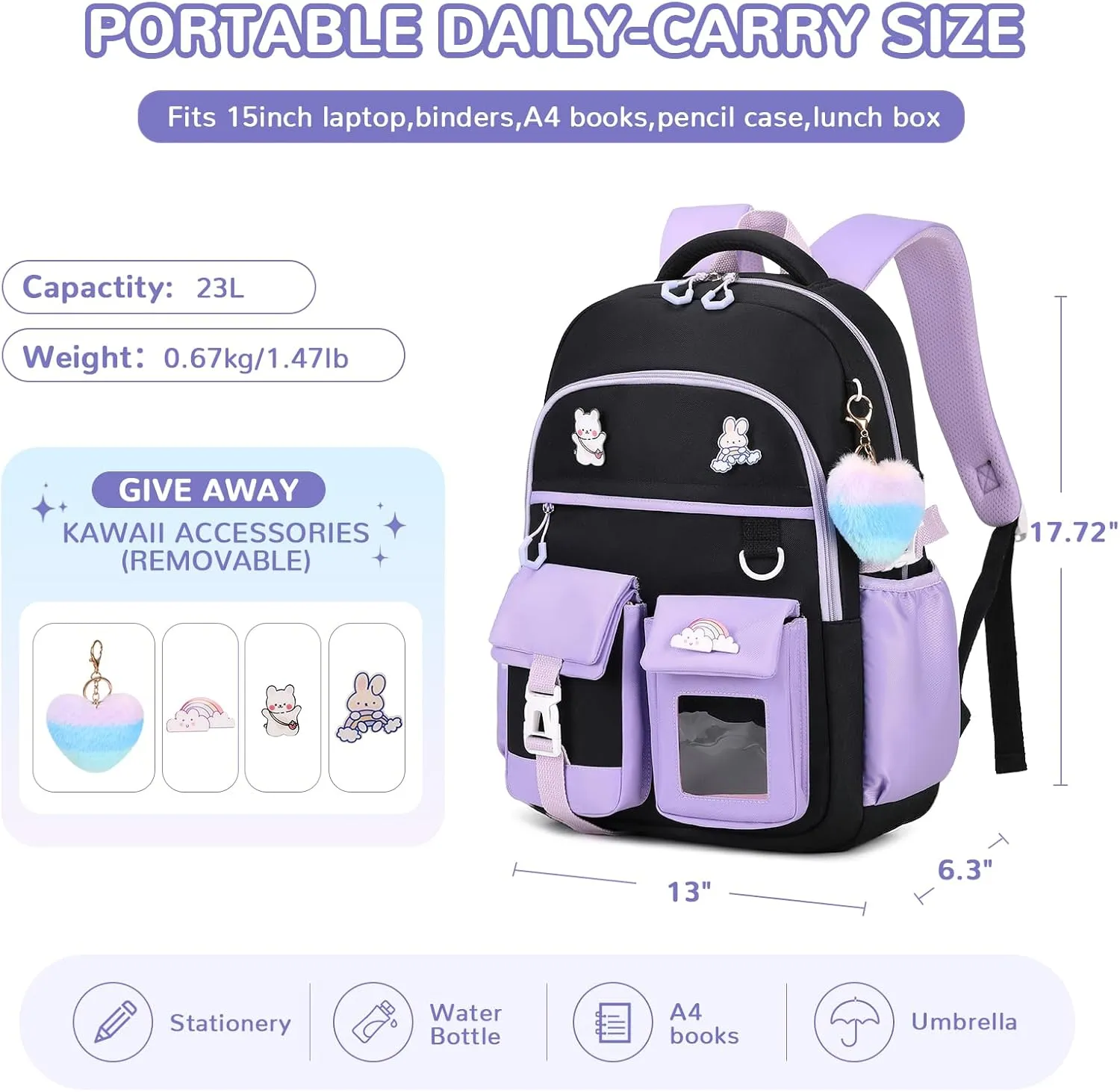 Girls Backpack, Kawaii Kids School Backpack Functional Pockets Watrer Resistant Girls Bookbag for Primary Elementary School,Age 6-14 Years Old, Black and Purple