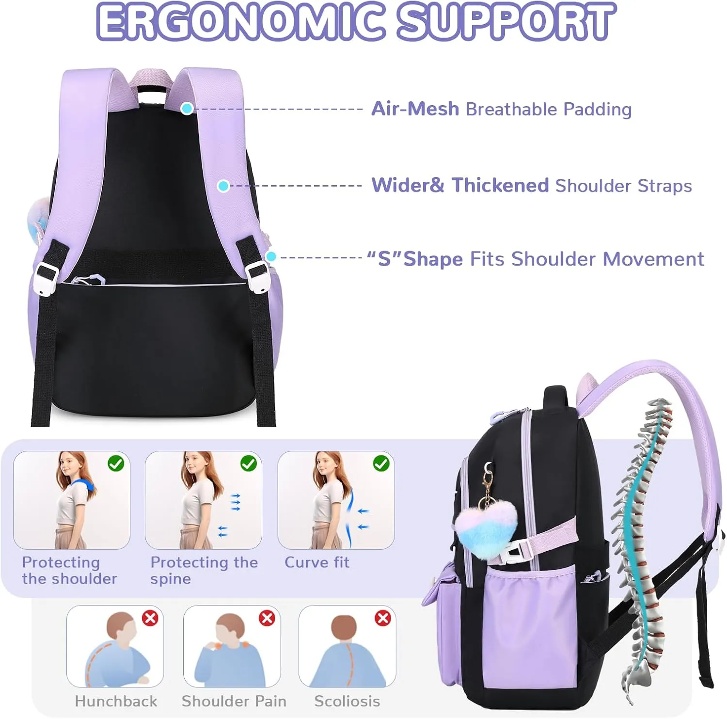 Girls Backpack, Kawaii Kids School Backpack Functional Pockets Watrer Resistant Girls Bookbag for Primary Elementary School,Age 6-14 Years Old, Black and Purple