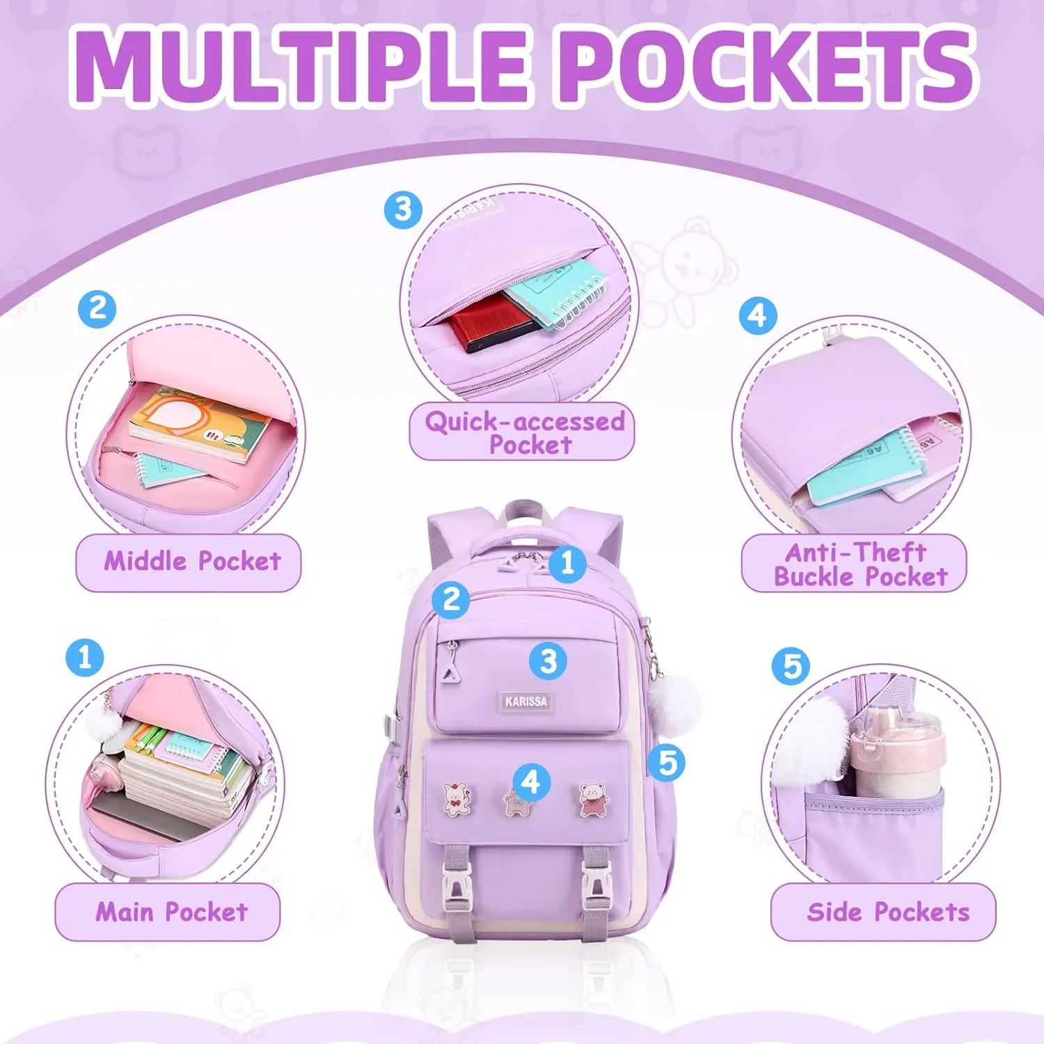Girls Backpack, Kids Backpack for Girls with Anti-theft Back Pocket, Lightweight School Back Pack Water Resistant Bookbag for Elementary Primary School, Purple
