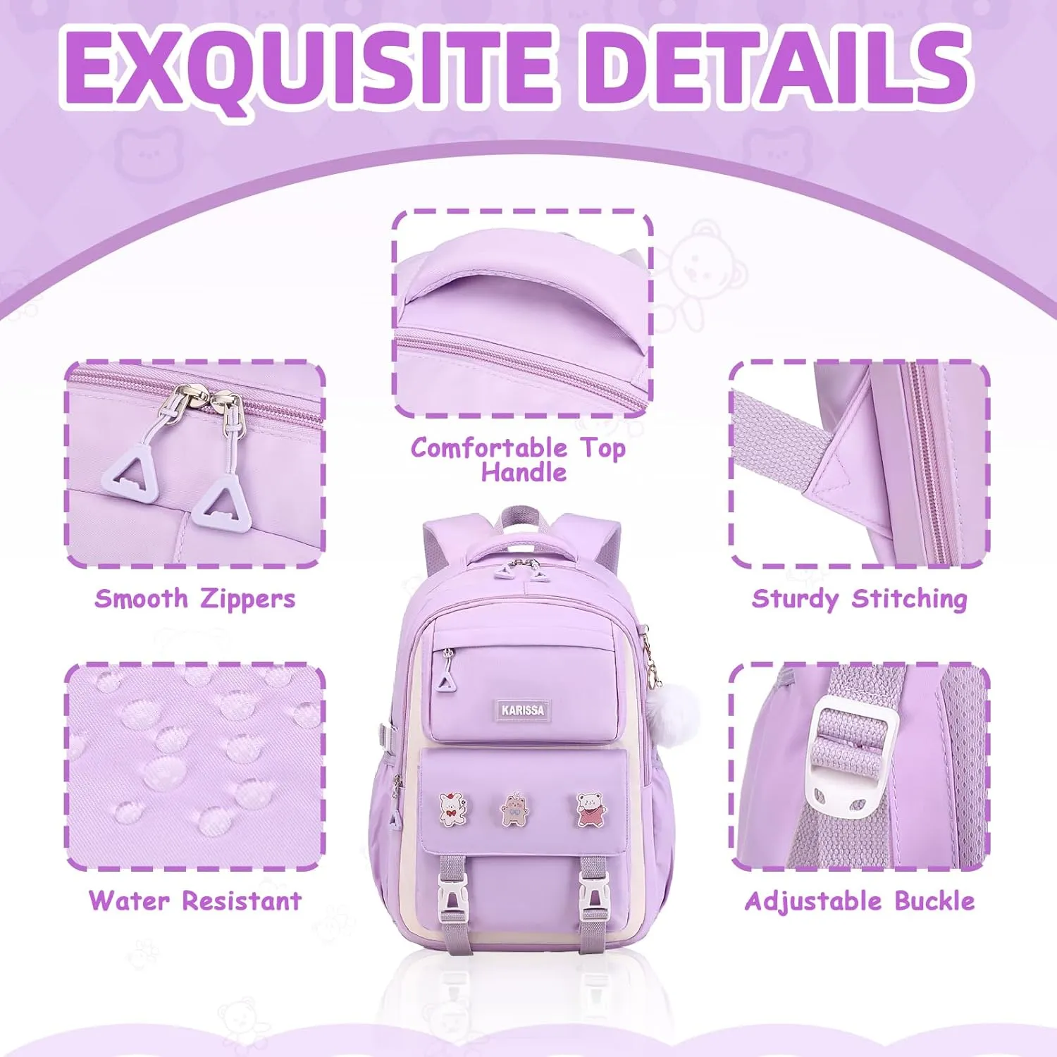 Girls Backpack, Kids Backpack for Girls with Anti-theft Back Pocket, Lightweight School Back Pack Water Resistant Bookbag for Elementary Primary School, Purple