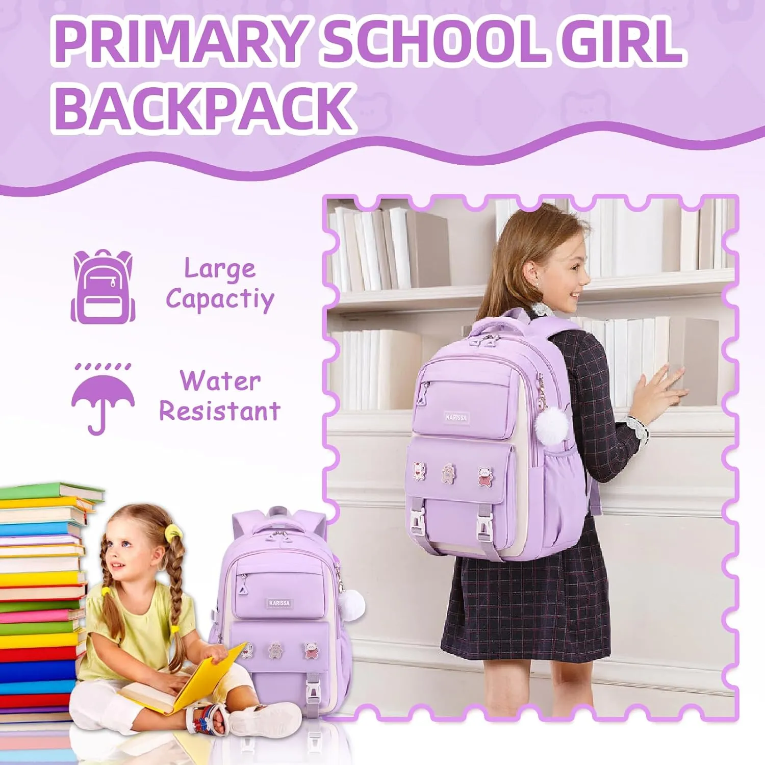 Girls Backpack, Kids Backpack for Girls with Anti-theft Back Pocket, Lightweight School Back Pack Water Resistant Bookbag for Elementary Primary School, Purple