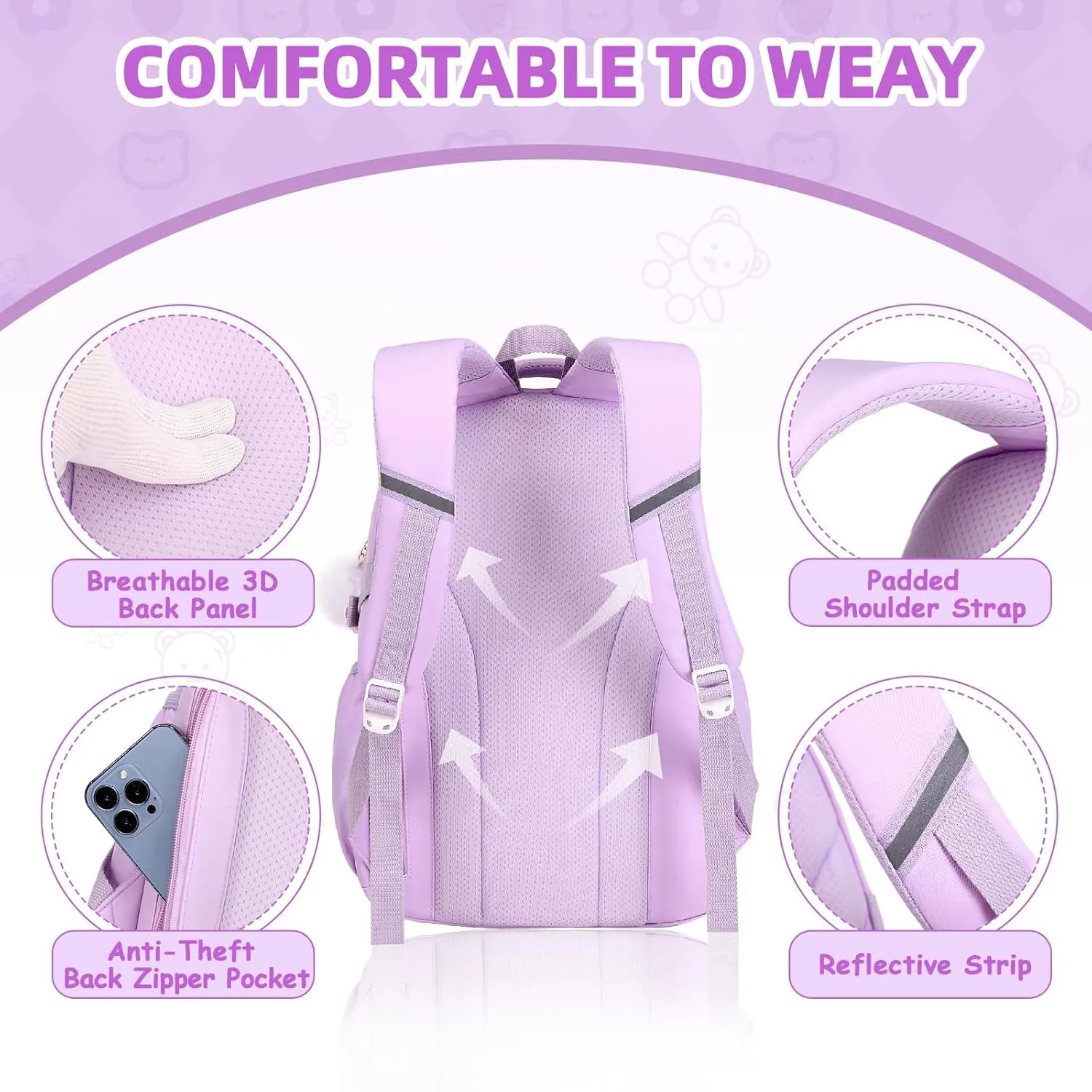 Girls Backpack, Kids Backpack for Girls with Anti-theft Back Pocket, Lightweight School Back Pack Water Resistant Bookbag for Elementary Primary School, Purple