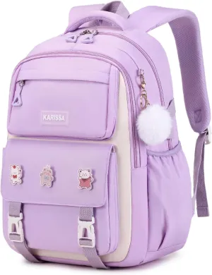 Girls Backpack, Kids Backpack for Girls with Anti-theft Back Pocket, Lightweight School Back Pack Water Resistant Bookbag for Elementary Primary School, Purple