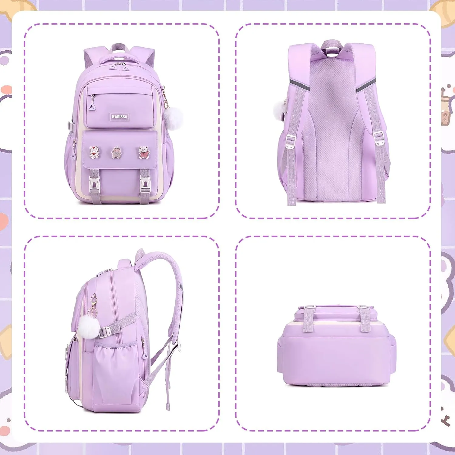 Girls Backpack, Kids Backpack for Girls with Anti-theft Back Pocket, Lightweight School Back Pack Water Resistant Bookbag for Elementary Primary School, Purple