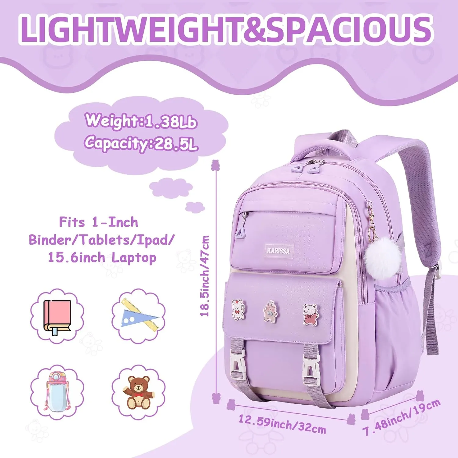Girls Backpack, Kids Backpack for Girls with Anti-theft Back Pocket, Lightweight School Back Pack Water Resistant Bookbag for Elementary Primary School, Purple