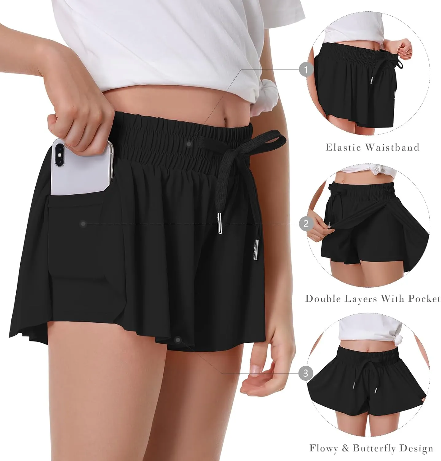 Girls Flowy Shorts Butterfly Shorts for Kids with Pocket 2-in-1 Athletic Shorts Running Shorts for Girls