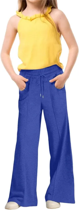 Girls High Waisted Uniform Capri Pants Kids Wide Leg Pant Trouser Drawstring Straight Clothes Cropped Baggy Trouser