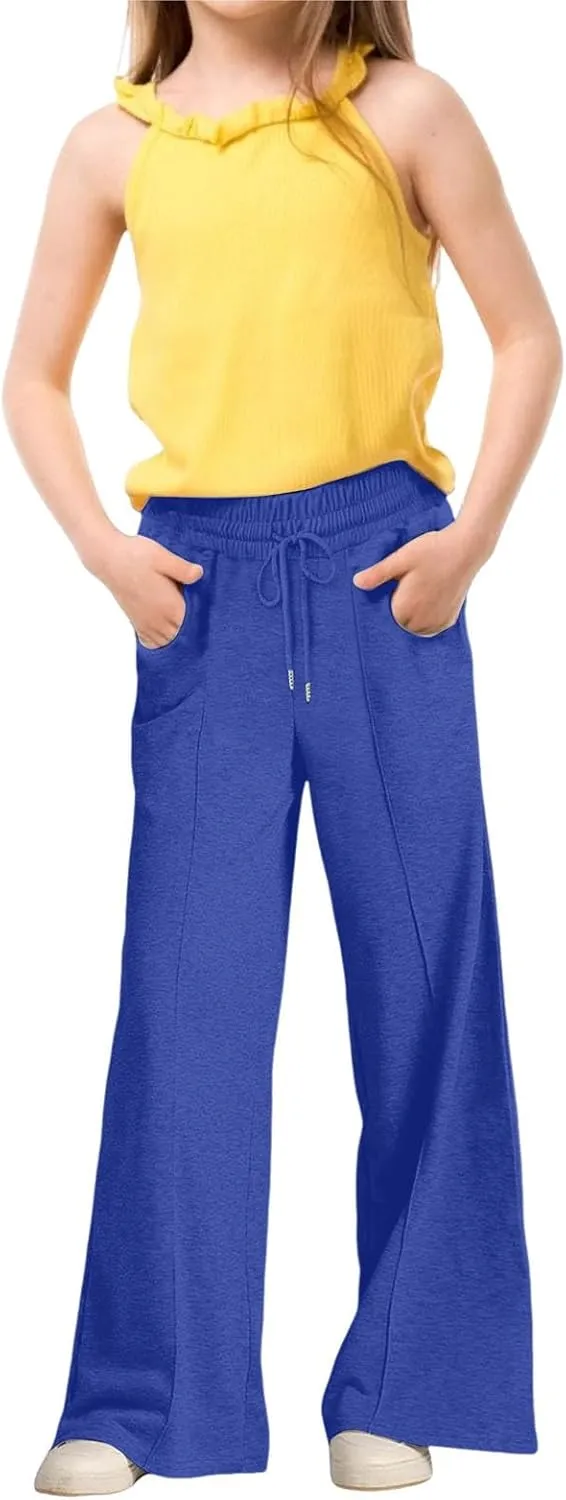 Girls High Waisted Uniform Capri Pants Kids Wide Leg Pant Trouser Drawstring Straight Clothes Cropped Baggy Trouser