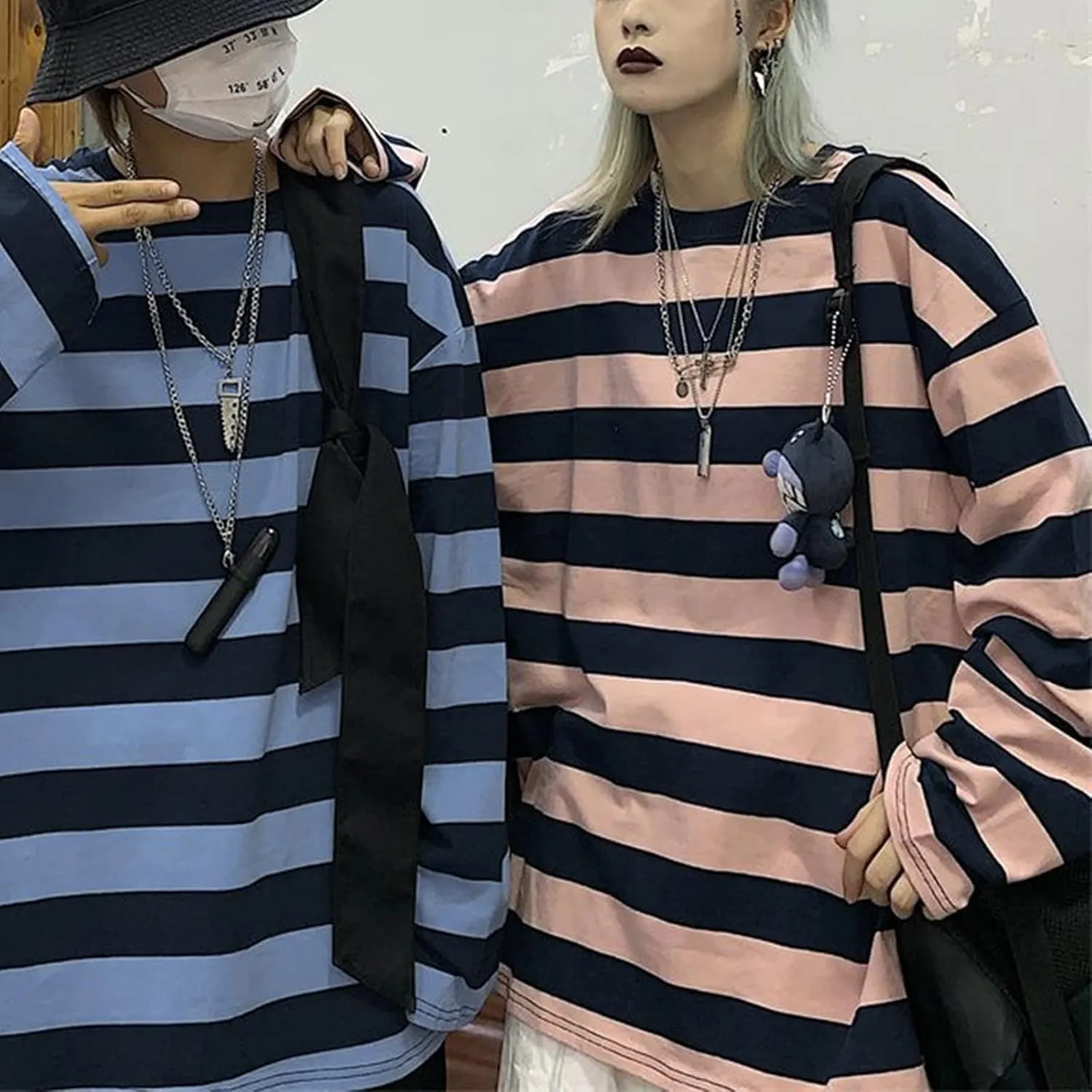 Harajuku Oversized Striped T-Shirt Y2K Long Sleeve Crewneck Baggy Sweatshirt Clothes Vintage Streetwear