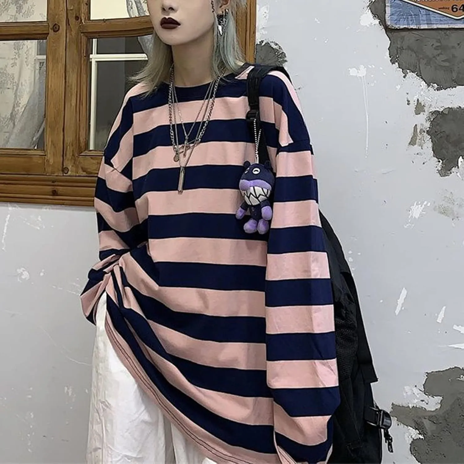 Harajuku Oversized Striped T-Shirt Y2K Long Sleeve Crewneck Baggy Sweatshirt Clothes Vintage Streetwear