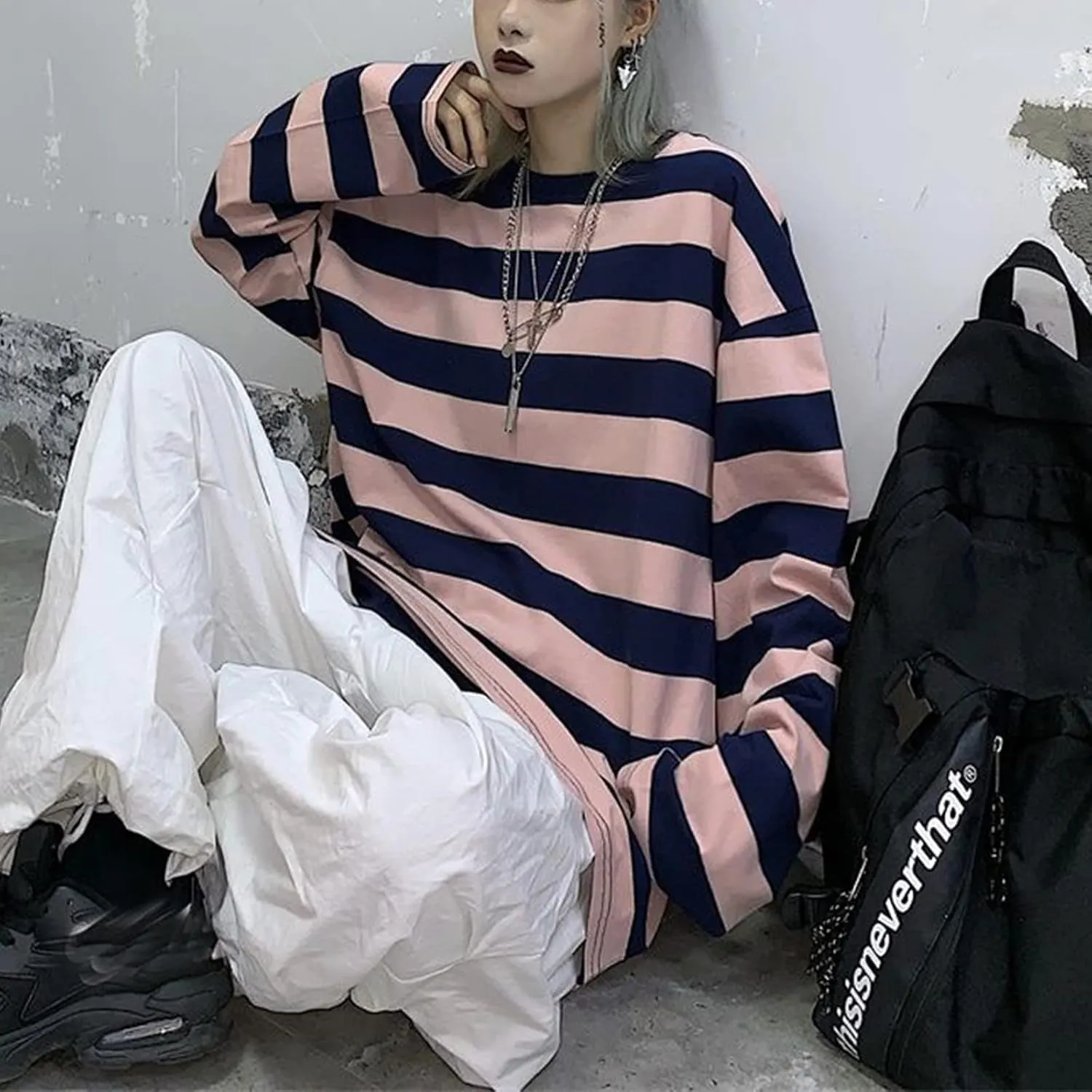 Harajuku Oversized Striped T-Shirt Y2K Long Sleeve Crewneck Baggy Sweatshirt Clothes Vintage Streetwear