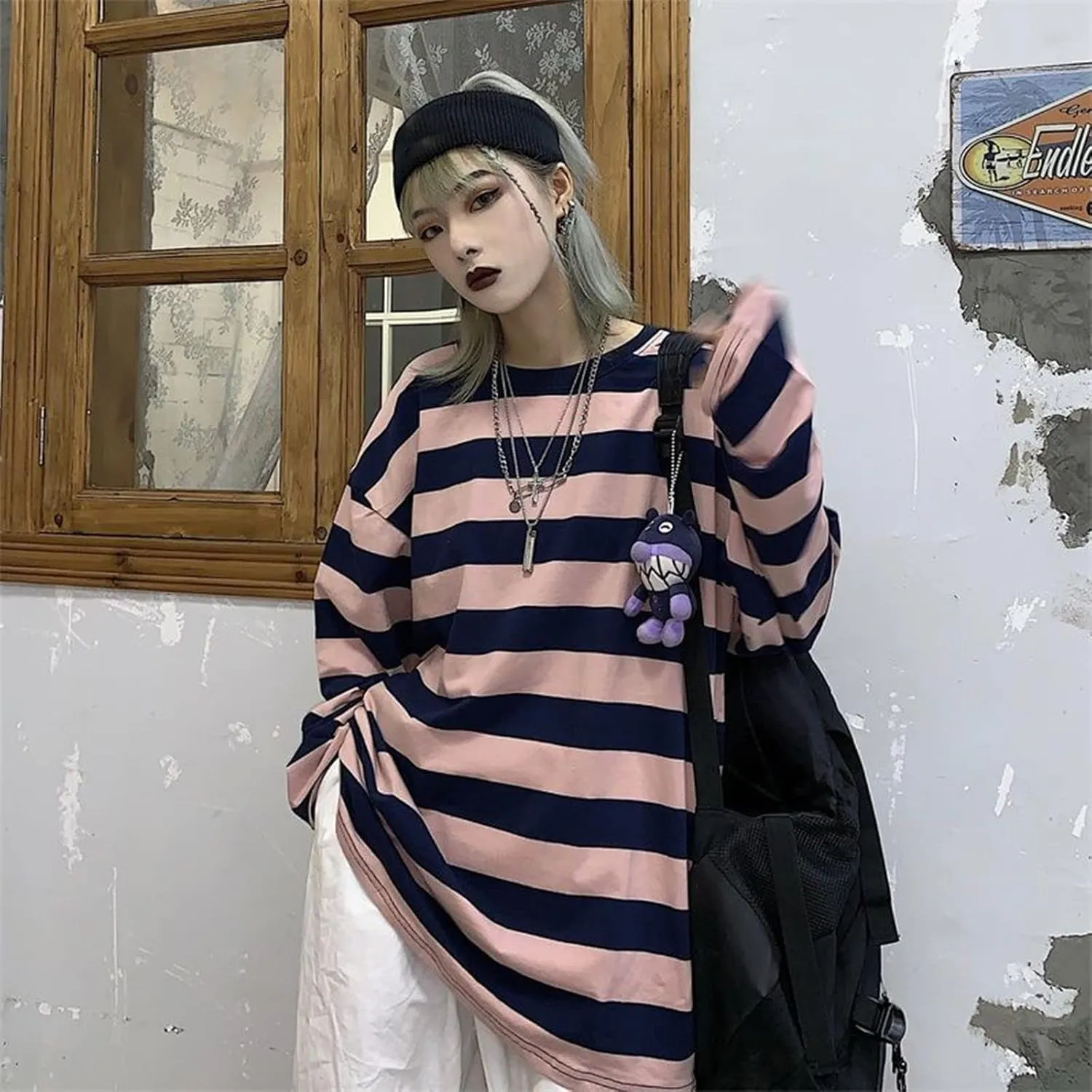Harajuku Oversized Striped T-Shirt Y2K Long Sleeve Crewneck Baggy Sweatshirt Clothes Vintage Streetwear