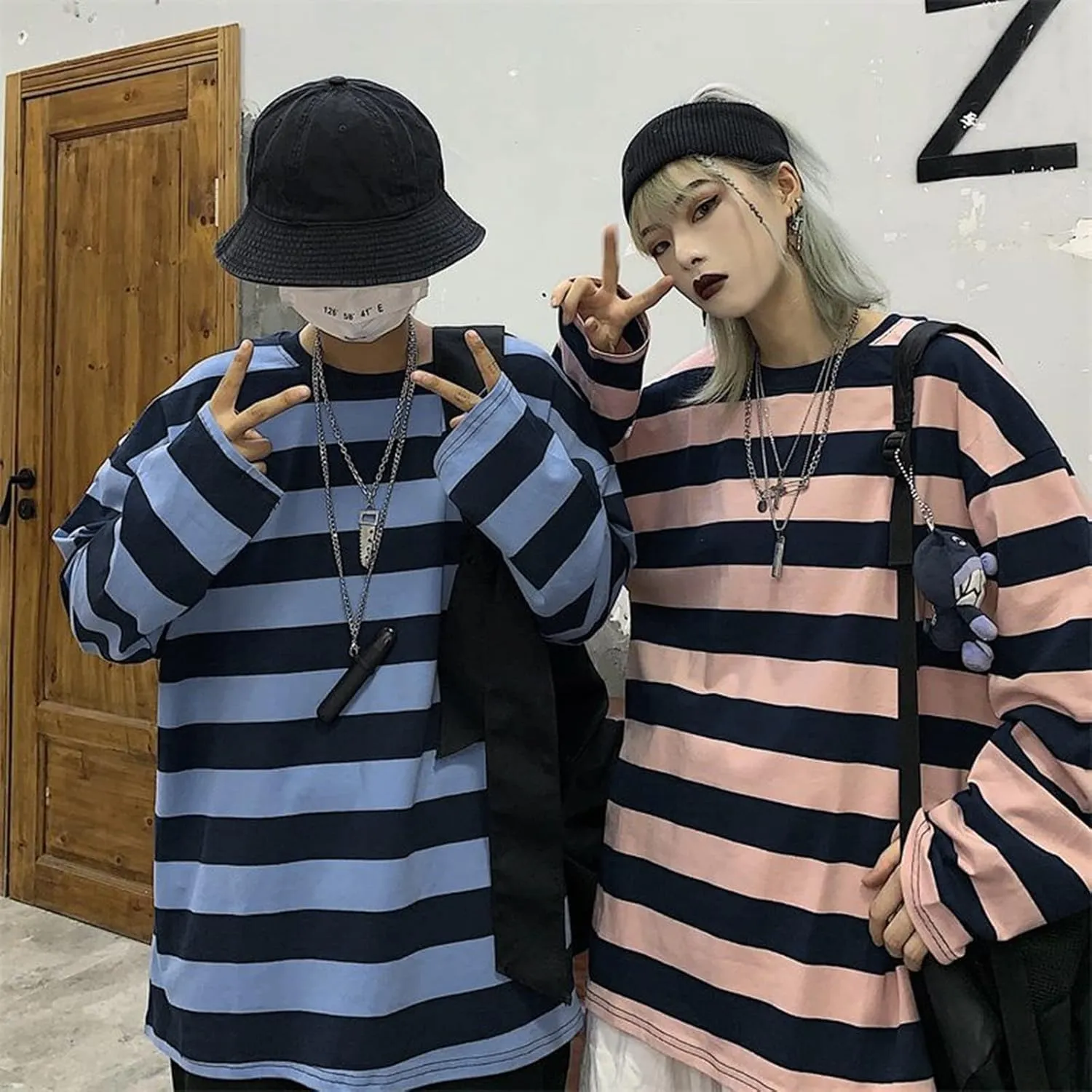 Harajuku Oversized Striped T-Shirt Y2K Long Sleeve Crewneck Baggy Sweatshirt Clothes Vintage Streetwear