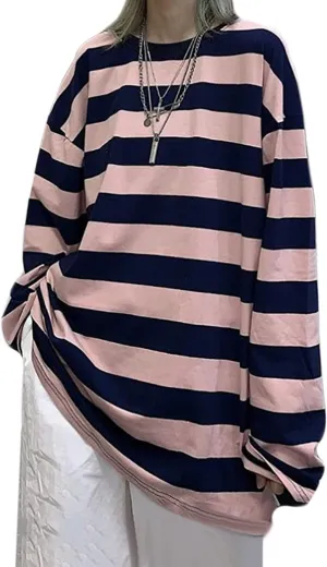 Harajuku Oversized Striped T-Shirt Y2K Long Sleeve Crewneck Baggy Sweatshirt Clothes Vintage Streetwear