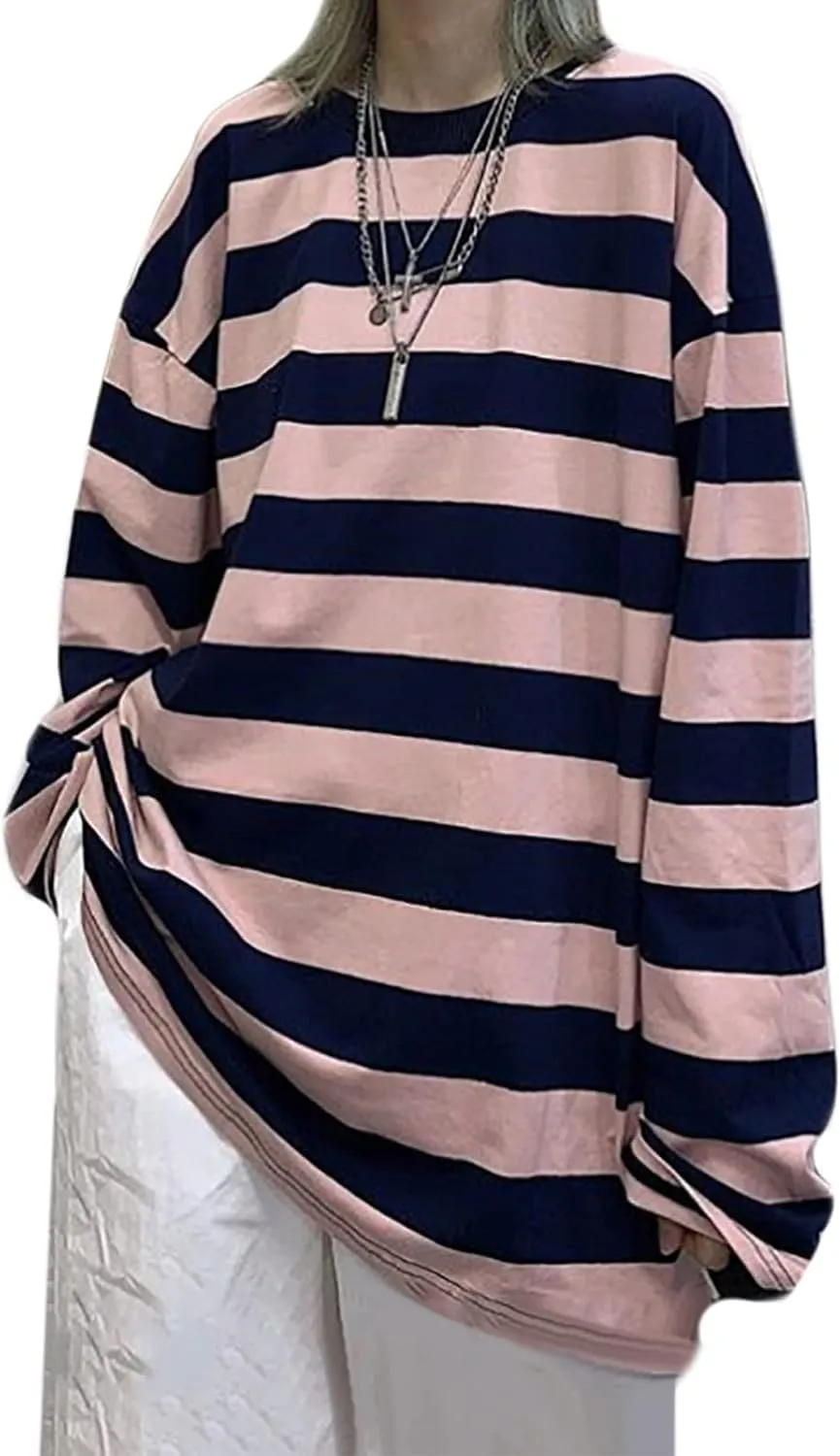 Harajuku Oversized Striped T-Shirt Y2K Long Sleeve Crewneck Baggy Sweatshirt Clothes Vintage Streetwear