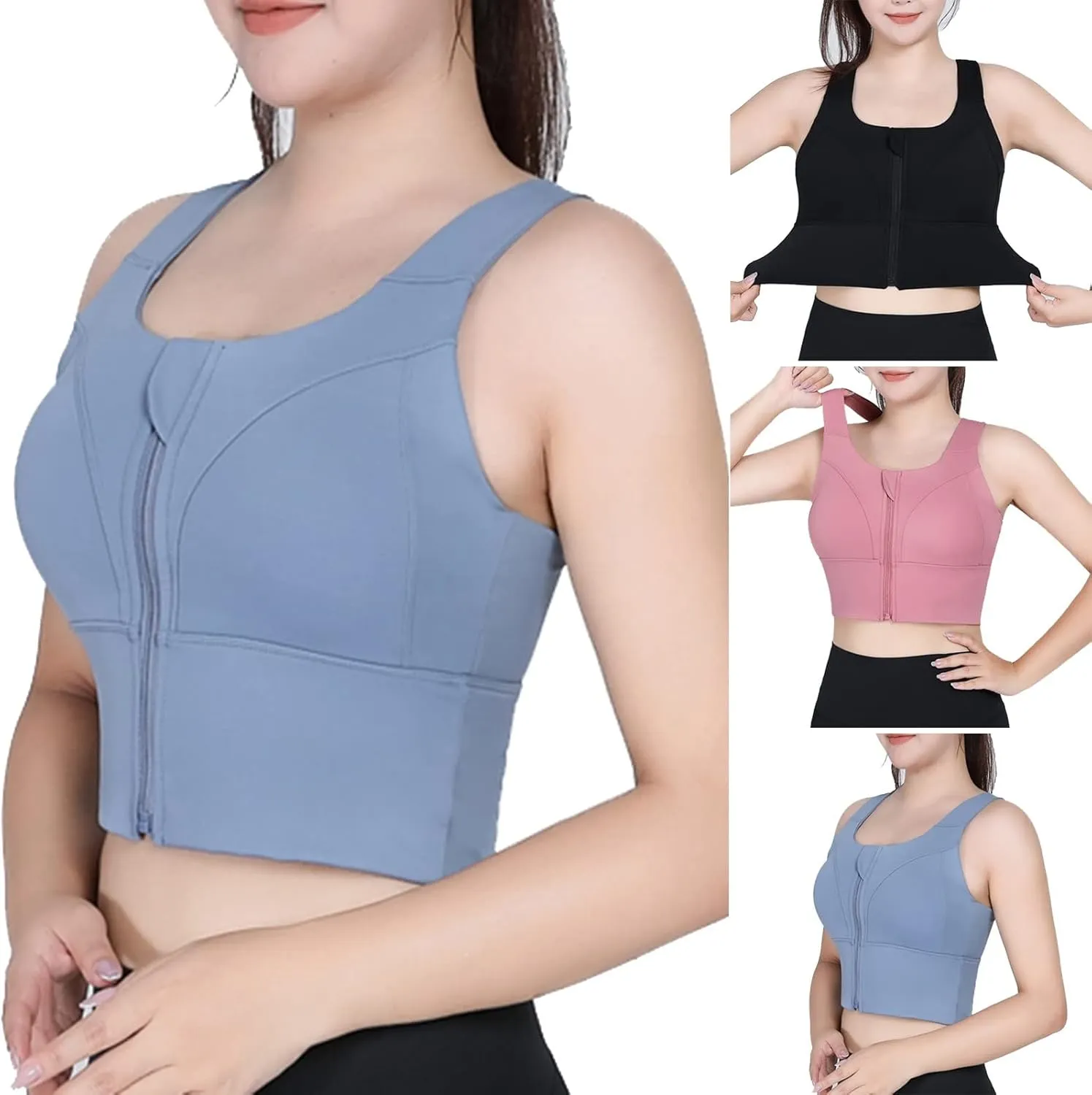 HGps8w Front Zip Clouse Sports Bra for Women Plus Size High Support Longline Padded Wireless Yoga Gym Workout Crop Tank Tops