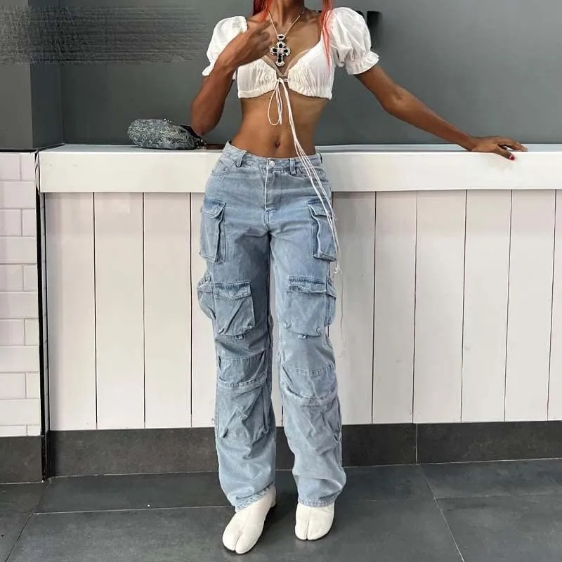 High Waist Cargo Jeans Aesthetic Pocket Vintage Women 90S Denim Loose Straight Harajuku Wide Leg Trousers