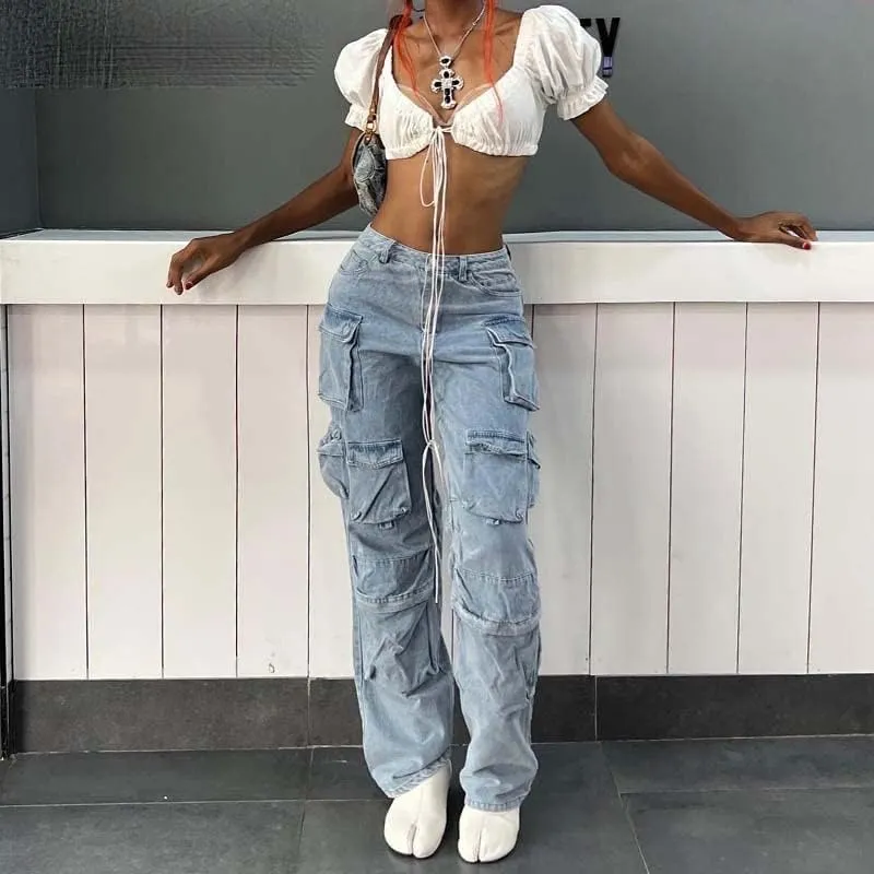 High Waist Cargo Jeans Aesthetic Pocket Vintage Women 90S Denim Loose Straight Harajuku Wide Leg Trousers