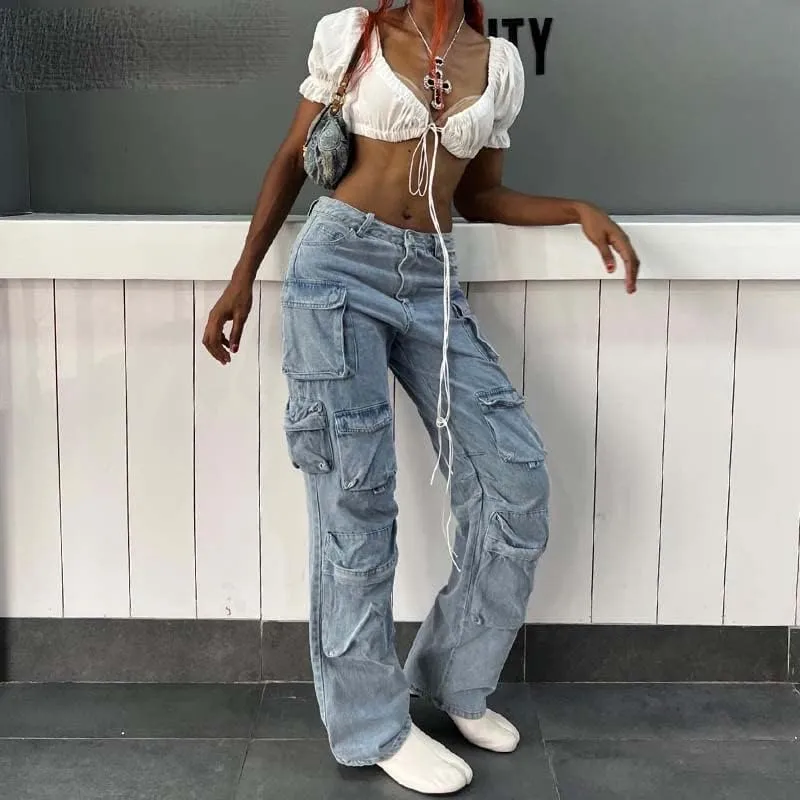 High Waist Cargo Jeans Aesthetic Pocket Vintage Women 90S Denim Loose Straight Harajuku Wide Leg Trousers