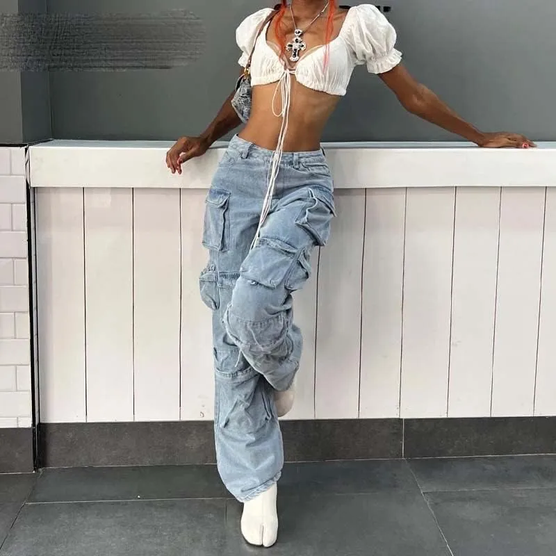 High Waist Cargo Jeans Aesthetic Pocket Vintage Women 90S Denim Loose Straight Harajuku Wide Leg Trousers